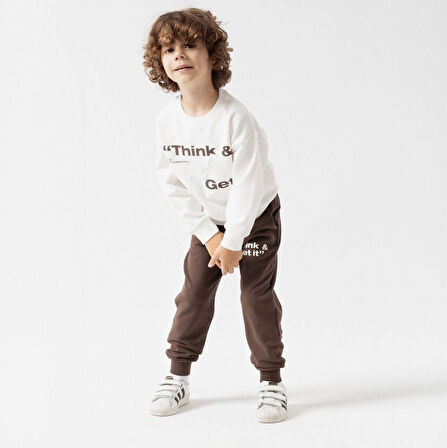 İki İplik Fırçalı Özel Kumaş Thınk & Get Baskılı 2 li Takım - Kahverengi