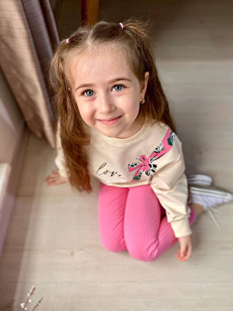 Miniğimin Cicileri For Love Fiyonklu Baskılı Fitilli Kız Çocuk Takım - Pembe
