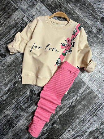 Miniğimin Cicileri For Love Fiyonklu Baskılı Fitilli Kız Çocuk Takım - Pembe