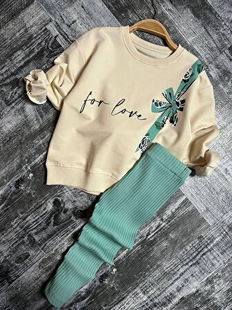Miniğimin Cicileri For Love Fiyonklu Baskılı Fitilli Kız Çocuk Takım - Yeşil