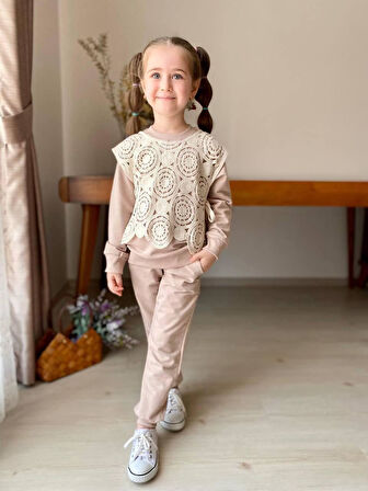 Miniğimin Cicileri Triko Süeterli 3 Lü Kız Çocuk Takım - Bej - kopya