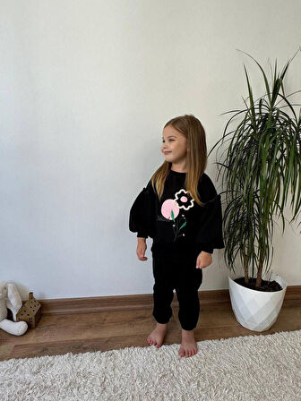 Miniğimin Cicileri Naturel Çiçek Detaylı Balon Kol Kız Çocuk 2 li Takım - Siyah