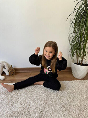 Miniğimin Cicileri Naturel Çiçek Detaylı Balon Kol Kız Çocuk 2 li Takım - Siyah