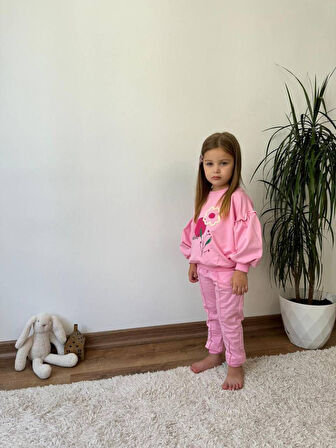 Miniğimin Cicileri Naturel Çiçek Detaylı Balon Kol Kız Çocuk 2 li Takım - Pembe