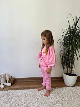 Miniğimin Cicileri Naturel Çiçek Detaylı Balon Kol Kız Çocuk 2 li Takım - Pembe