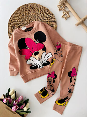 Miniğimin Cicileri Payet Detaylı Mnn Baskılı Taytlı Kız Çocuk Takım - Pudra