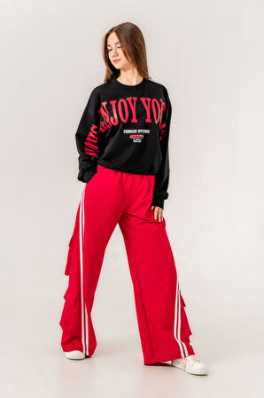 Miniğimin Cicileri 9-15 Oversize Erköy Baskı Bol Paça Genç Kız Takım - SiyahKırmızı