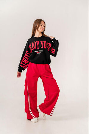 Miniğimin Cicileri 9-15 Oversize Erköy Baskı Bol Paça Genç Kız Takım - SiyahKırmızı