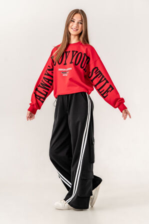 Miniğimin Cicileri 9-15 Oversize Erköy Baskı Bol Paça Genç Kız Takım - KırmızıSiyah