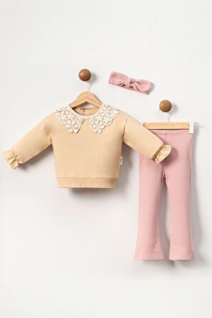 Miniğimin Cicileri Güpür Yaka Detaylı Kız Bebe Taytlı Takım - Pembe