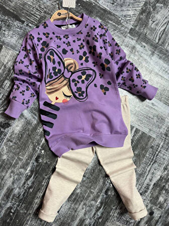 Miniğimin Cicileri Leopar Desenli Fiyonk Baskılı Kız Çocuk 2 li Takım - Lila