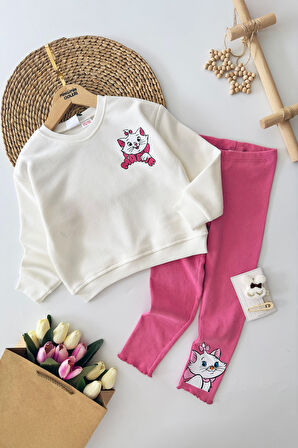 Miniğimin Cicileri Kedicik Baskılı Fitilli Taytlı Takım - BeyazPembe