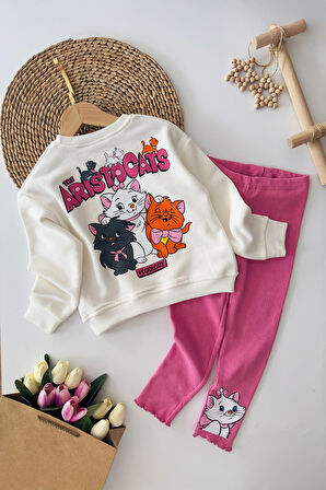 Miniğimin Cicileri Kedicik Baskılı Fitilli Taytlı Takım - BeyazPembe