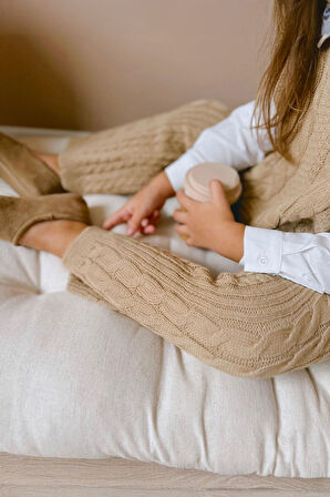 Miniğimin Cicileri Sarmal Çizgi Detaylı Gömlekli Bağlamalı 3 lü Triko Takım - Camel