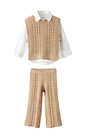 Miniğimin Cicileri Sarmal Çizgi Detaylı Gömlekli Bağlamalı 3 lü Triko Takım - Camel