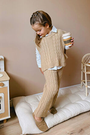 Miniğimin Cicileri Sarmal Çizgi Detaylı Gömlekli Bağlamalı 3 lü Triko Takım - Camel