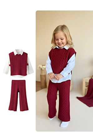 Miniğimin Cicileri Sarmal Çizgi Detaylı Gömlekli Bağlamalı 3 lü Triko Takım - Bordo