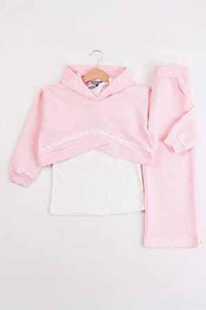 Miniğimin Cicileri Yazı Baskılı Crop Sweatshirt ve Bol Paça Kız Çocuk Eşofman Takımı - Pembe