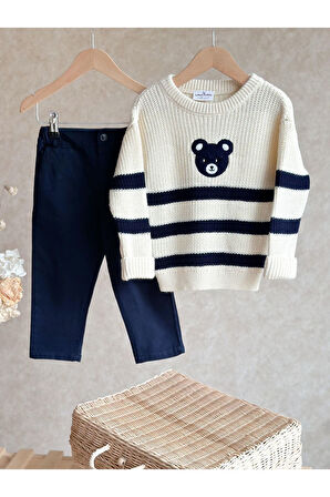 Miniğimin Cicileri Blue Bear Triko Pantolonlu Erkek Çocuk Takım - Krem