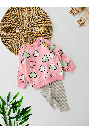 Miniğimin Cicileri Kalp Baskılı Taytlı Kız Bebe Takım - Pembe