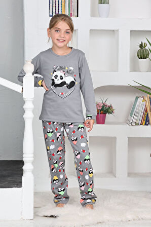 Miniğimin Cicileri Panda Kalpli Kız Çocuk Pijama Takımı - Gri