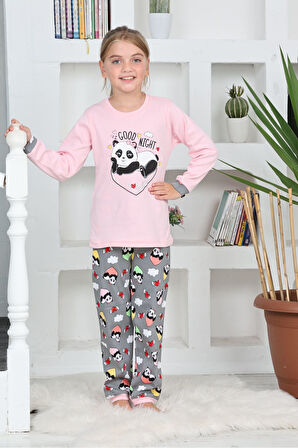 Miniğimin Cicileri Panda Kalpli Kız Çocuk Pijama Takımı - Pembe