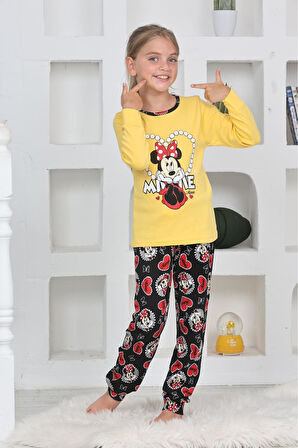 Miniğimin Cicileri Mnn Ms Kalpli Kız Çocuk Pijama Takımı - Sarı