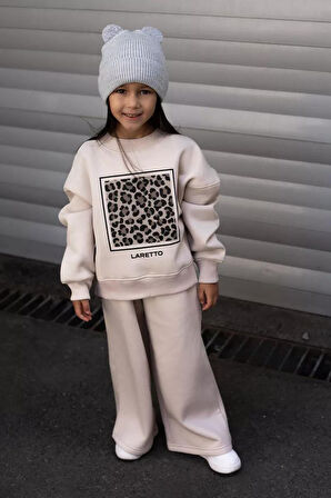 Miniğimin Cicileri Lareto Leopar Detaylı Kız Çocuk Bol Pantolonlu Takım - Bej