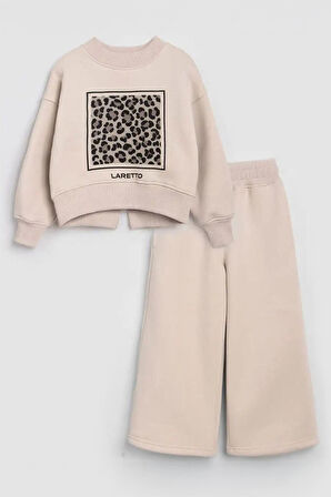 Miniğimin Cicileri Lareto Leopar Detaylı Kız Çocuk Bol Pantolonlu Takım - Bej