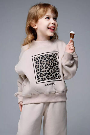 Miniğimin Cicileri Lareto Leopar Detaylı Kız Çocuk Bol Pantolonlu Takım - Bej