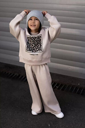 Miniğimin Cicileri Lareto Leopar Detaylı Kız Çocuk Bol Pantolonlu Takım - Bej