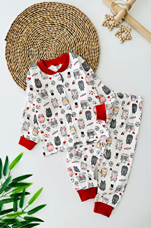 Miniğimin Cicileri Çıtçıtlı Kedicik Desenli Unisex Pijama Takım - Kırmızı