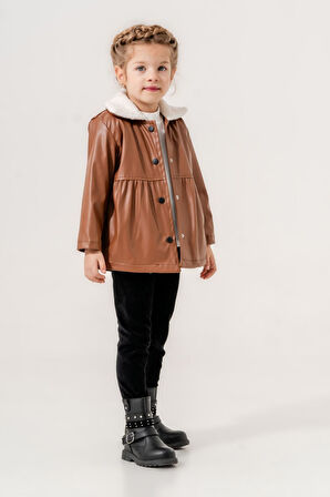 Miniğimin Cicileri İçi welsoft Deri Montlu Kız Çocuk Takım - Kahve