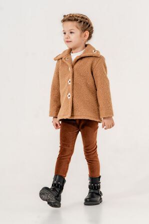 Miniğimin Cicileri Nakışlı Kuzu Kaban Kız Çocuk Takım - Taba