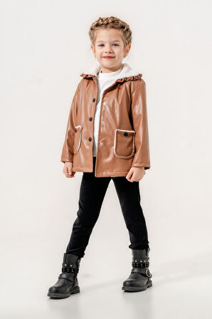 Miniğimin Cicileri İçi welsoft Deri Montlu Cep Detay Kız Çocuk Takım - Kahverengi