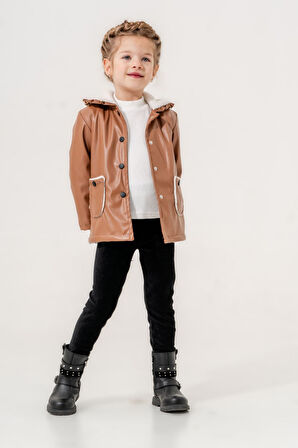 Miniğimin Cicileri İçi welsoft Deri Montlu Cep Detay Kız Çocuk Takım - Kahverengi