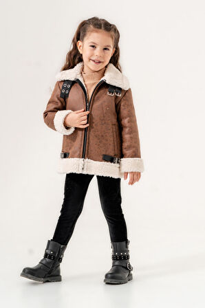 Miniğimin Cicileri İçi welsoft Deri Montlu Fermuarlı Kız Çocuk Takım - İçi Kahve