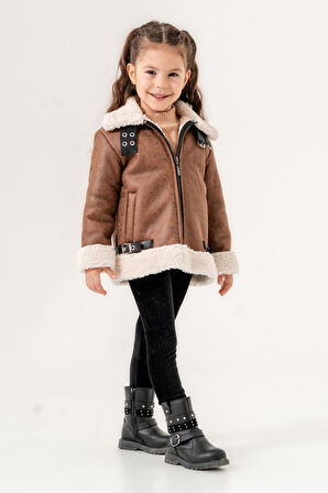 Miniğimin Cicileri İçi welsoft Deri Montlu Fermuarlı Kız Çocuk Takım - İçi Kahve