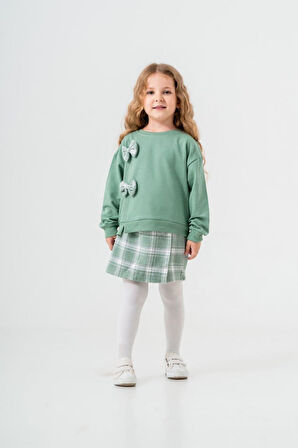 Miniğimin Cicileri Fiyonk Detaylı Ekose Şort Etekli Kız Çocuk Takım - Yeşil