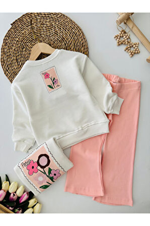 Miniğimin Cicileri Paris Çiçek İşleme Detaylı Kız Çocuk 2li Takım - Somon