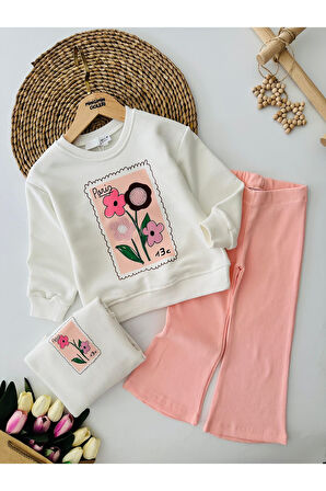 Miniğimin Cicileri Paris Çiçek İşleme Detaylı Kız Çocuk 2li Takım - Somon