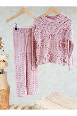 Miniğimin Cicileri Kurdela Detaylı Triko Kız Çocuk Takım - Pembe