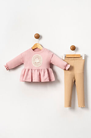 Miniğimin Cicileri (6-18 Ay) Yıldız Dantel Motifli Taytlı Kız bebek Takım - Pembe