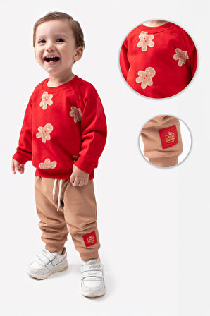 Miniğimin Cicileri (6-18 Ay) Bisküvi Baskılı Yeni Yıl Şardonsuz Üç İp Erkek Bebek Takım - Kırmızı-C