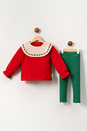 Miniğimin Cicileri (2-5 Yaş) Yaka Nakış Detaylı Yeni Yıl Kız Çocuk Takım - Kırmızı-Yeşil