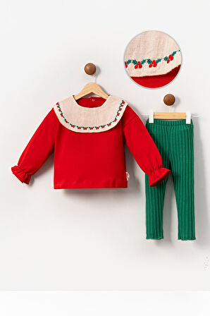 Miniğimin Cicileri (2-5 Yaş) Yaka Nakış Detaylı Yeni Yıl Kız Çocuk Takım - Kırmızı-Yeşil