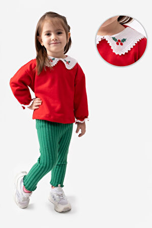 Miniğimin Cicileri (6-18 Ay) Yaka ve Kol Ucu Detaylı Yeni Yıl Kız Bebek Takım - Kırmızı-Yeşil