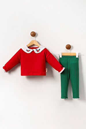 Miniğimin Cicileri (6-18 Ay) Yaka ve Kol Ucu Detaylı Yeni Yıl Kız Bebek Takım - Kırmızı-Yeşil