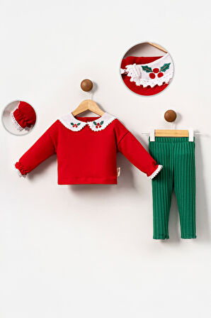 Miniğimin Cicileri (6-18 Ay) Yaka ve Kol Ucu Detaylı Yeni Yıl Kız Bebek Takım - Kırmızı-Yeşil