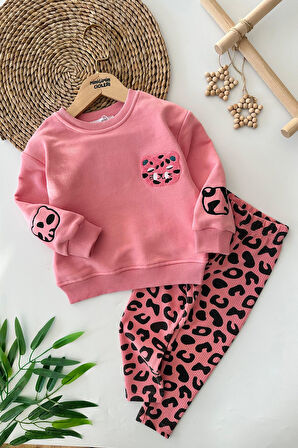 Miniğimin Cicileri (2-7 Yaş) Leopar Taytlı Kedi Panç İşleme Detaylı Kız Çocuk Takım - Pembe